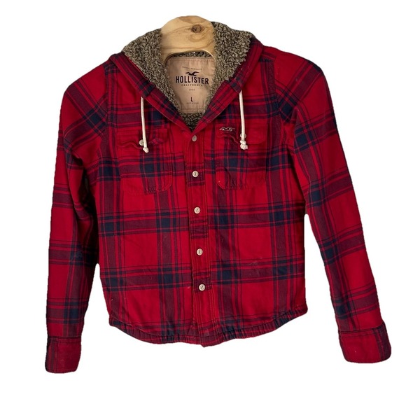 Vintage Y2K Hollister Sherpa Lined Jacket Men's Large Plaid Flannel Shacket Hood - Picture 1 of 6